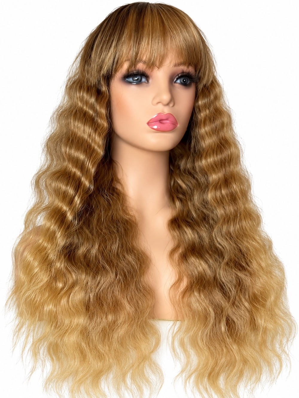 Long Wavy Honey Blonde Lace Front Wig with Fringe 22 inches long